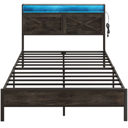 HOOBRO Full Size Bed Frame with Charging Station and LED Lights Noise-Free No Box Springs Needed