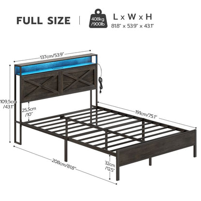 HOOBRO Full Size Bed Frame with Charging Station and LED Lights Noise-Free No Box Springs Needed