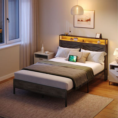HOOBRO Full Size Bed Frame with Charging Station and LED Lights Noise-Free No Box Springs Needed
