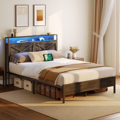 HOOBRO Full Size Bed Frame with Charging Station and LED Lights Noise-Free No Box Springs Needed