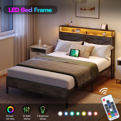 HOOBRO Full Size Bed Frame with Charging Station and LED Lights Noise-Free No Box Springs Needed