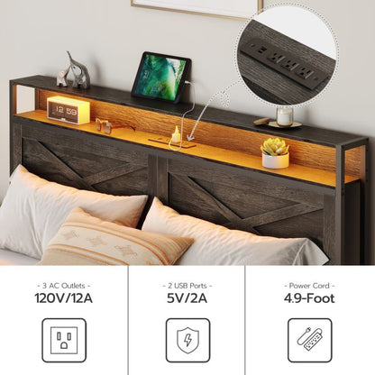 HOOBRO Full Size Bed Frame with Charging Station and LED Lights Noise-Free No Box Springs Needed