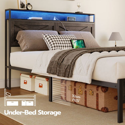 HOOBRO Full Size Bed Frame with Charging Station and LED Lights Noise-Free No Box Springs Needed