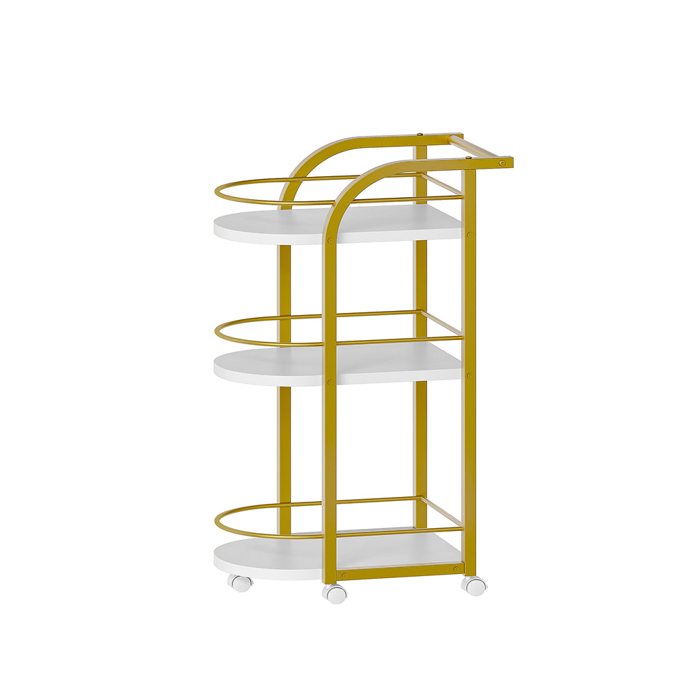 HOOBRO 3-Tier Bar Cart, Home Bar Serving Cart with Fence and Wheels, for Dining Room, Living Room, Garden, Party, White and Gold