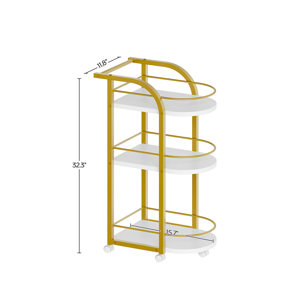 HOOBRO 3-Tier Bar Cart, Home Bar Serving Cart with Fence and Wheels, for Dining Room, Living Room, Garden, Party, White and Gold