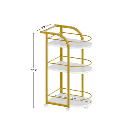 HOOBRO 3-Tier Bar Cart, Home Bar Serving Cart with Fence and Wheels, for Dining Room, Living Room, Garden, Party, White and Gold