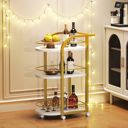 HOOBRO 3-Tier Bar Cart, Home Bar Serving Cart with Fence and Wheels, for Dining Room, Living Room, Garden, Party, White and Gold