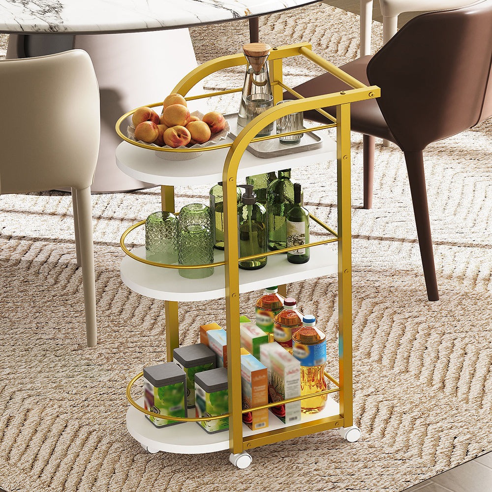 HOOBRO 3-Tier Bar Cart, Home Bar Serving Cart with Fence and Wheels, for Dining Room, Living Room, Garden, Party, White and Gold