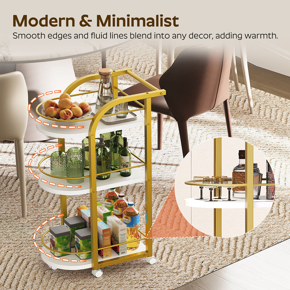 HOOBRO 3-Tier Bar Cart, Home Bar Serving Cart with Fence and Wheels, for Dining Room, Living Room, Garden, Party, White and Gold