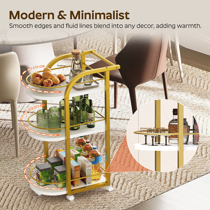 HOOBRO 3-Tier Bar Cart, Home Bar Serving Cart with Fence and Wheels, for Dining Room, Living Room, Garden, Party, White and Gold