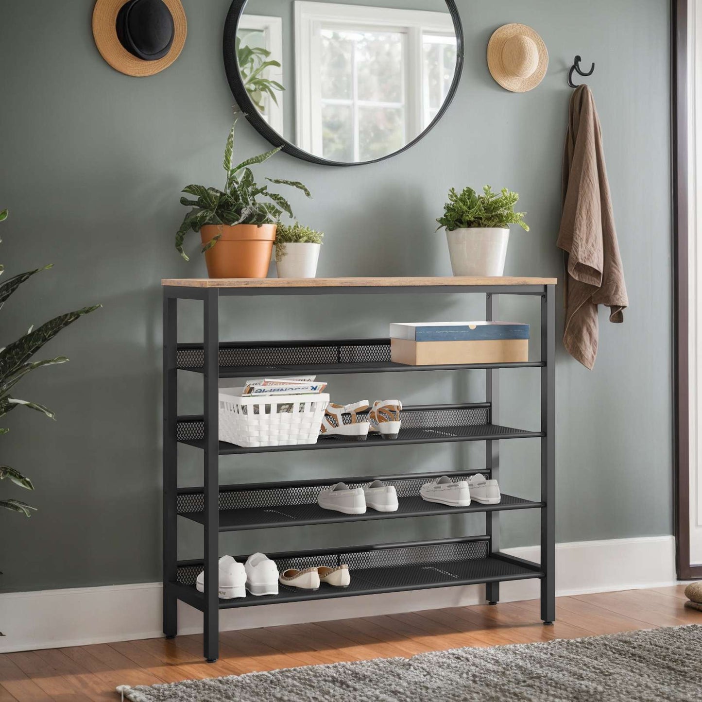 HOOBRO Industrial 5-Tier Shoe Rack Organizer for Entryway with Mesh Shelf