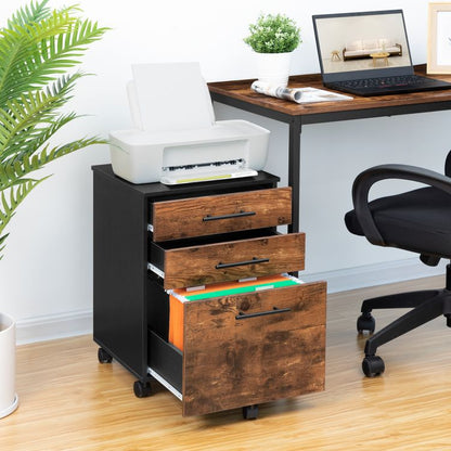 HOOBRO File Cabinet, 3 Drawers Wooden Filing Cabinet, Rolling Office Cabinet for A4/Letter Size, Under Desk Cabinet, Office Storage Drawers, Hanging File Folders