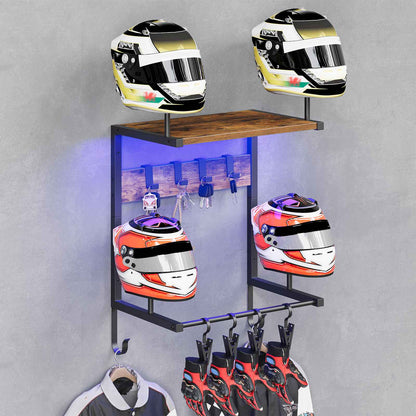 HOOBRO Wall Mounted Motorcycle Helmet Rack with LED Lights and Gear Hooks