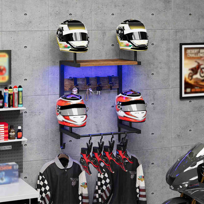 HOOBRO Wall Mounted Motorcycle Helmet Rack with LED Lights and Gear Hooks