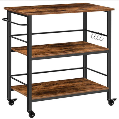 HOOBRO Kitchen Island with Storage,Industrial Kitchen Counter with Hooks and Side Enclosures, 3 Tier Kitchen Cart with Large Workstation, Saving Space, Easy Assembly