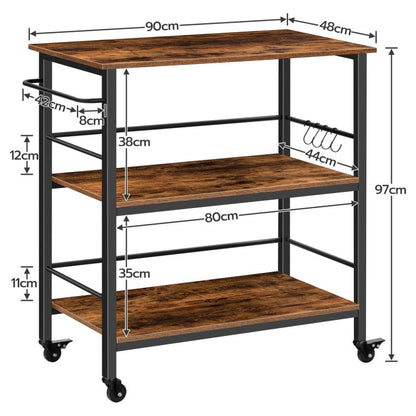 HOOBRO Kitchen Island with Storage,Industrial Kitchen Counter with Hooks and Side Enclosures, 3 Tier Kitchen Cart with Large Workstation, Saving Space, Easy Assembly
