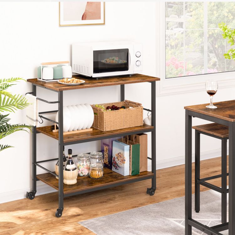 HOOBRO Kitchen Island with Storage,Industrial Kitchen Counter with Hooks and Side Enclosures, 3 Tier Kitchen Cart with Large Workstation, Saving Space, Easy Assembly