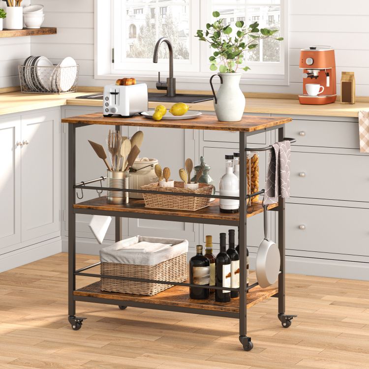 HOOBRO Kitchen Island with Storage,Industrial Kitchen Counter with Hooks and Side Enclosures, 3 Tier Kitchen Cart with Large Workstation, Saving Space, Easy Assembly