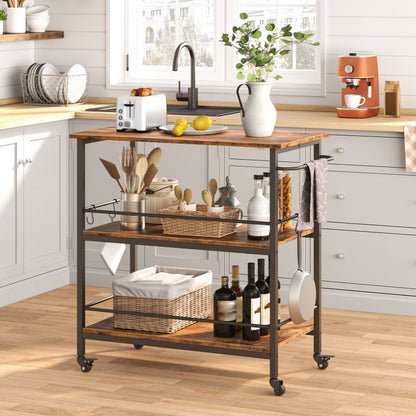 HOOBRO Kitchen Island with Storage,Industrial Kitchen Counter with Hooks and Side Enclosures, 3 Tier Kitchen Cart with Large Workstation, Saving Space, Easy Assembly