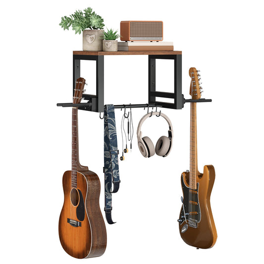 HOOBRO Wall Mounted Dual Guitar Hanger with Storage Shelf and Accessory Hooks