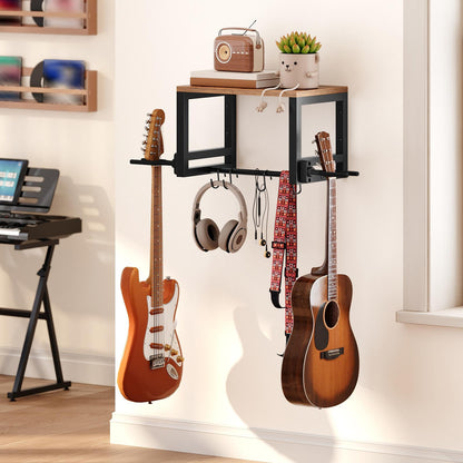 HOOBRO Wall Mounted Dual Guitar Hanger with Storage Shelf and Accessory Hooks