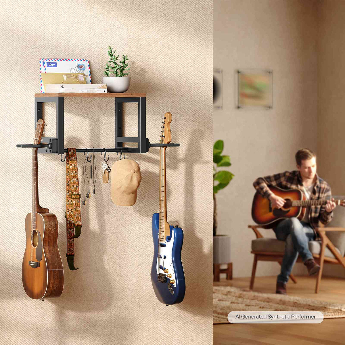 HOOBRO Wall Mounted Dual Guitar Hanger with Storage Shelf and Accessory Hooks