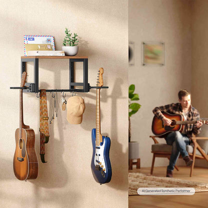HOOBRO Wall Mounted Dual Guitar Hanger with Storage Shelf and Accessory Hooks