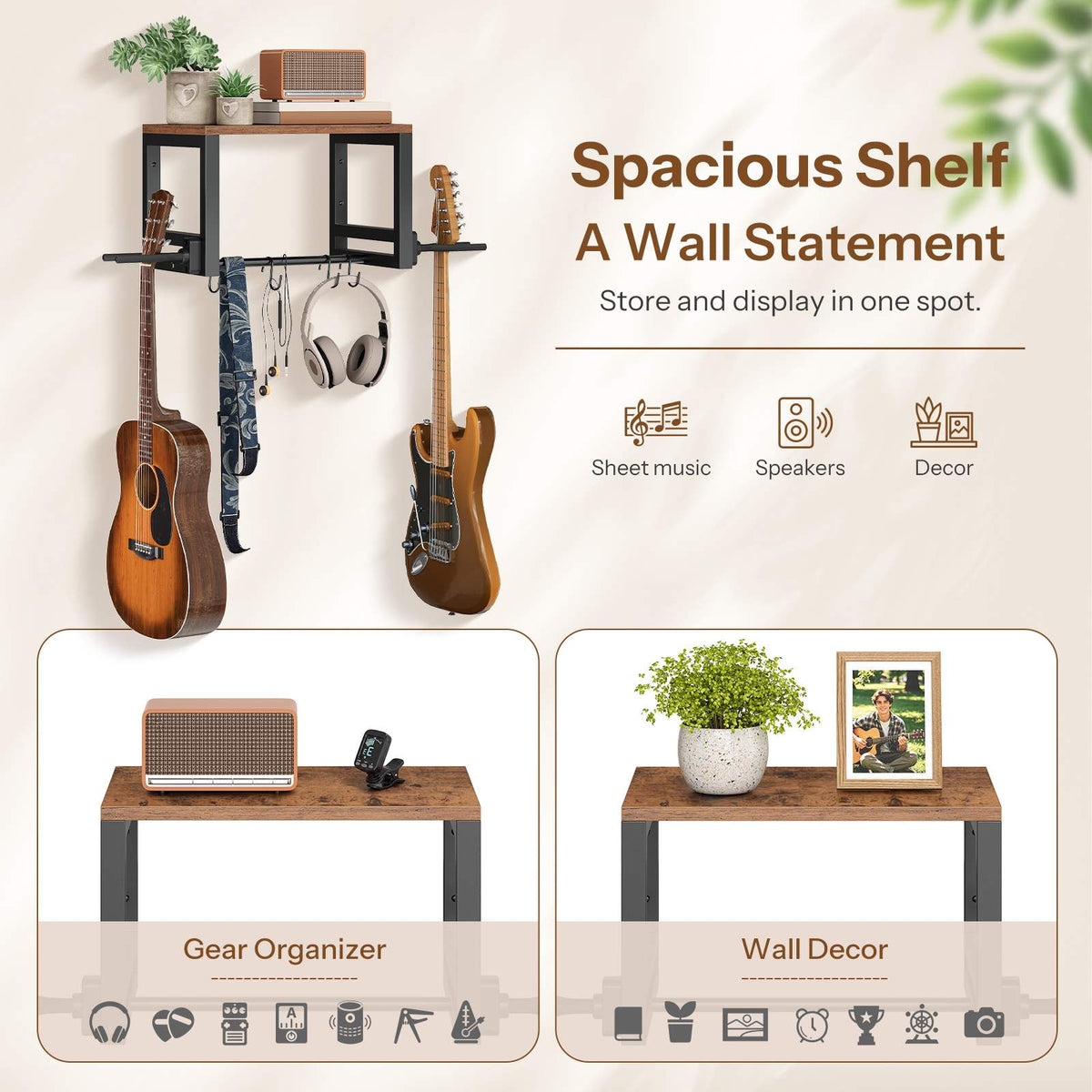 HOOBRO Wall Mounted Dual Guitar Hanger with Storage Shelf and Accessory Hooks