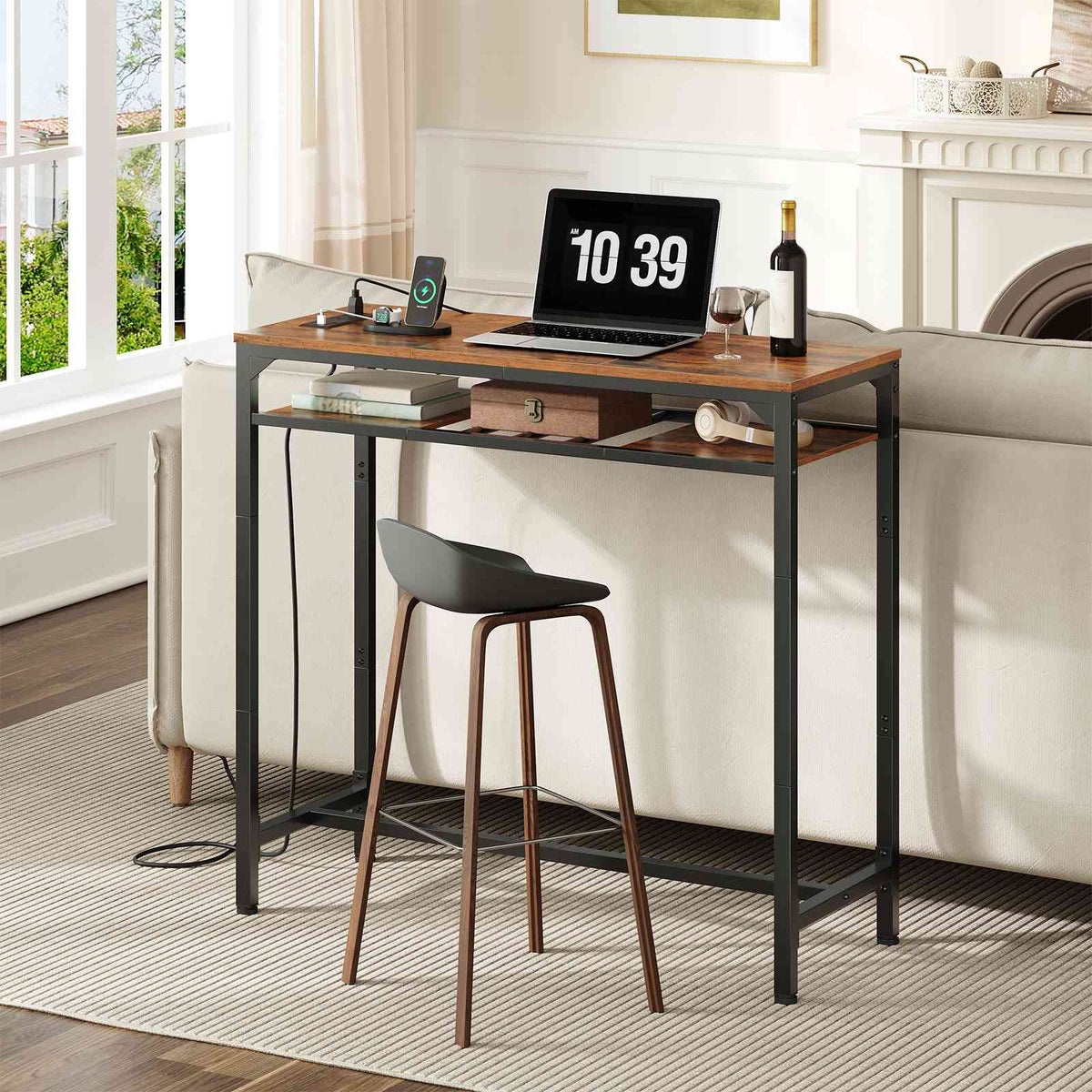 HOOBRO Industrial Slim Bar Table with Charging Station and Storage Shelf