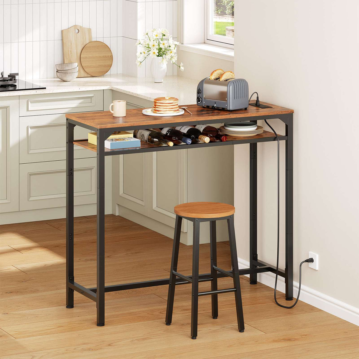 HOOBRO Industrial Slim Bar Table with Charging Station and Storage Shelf