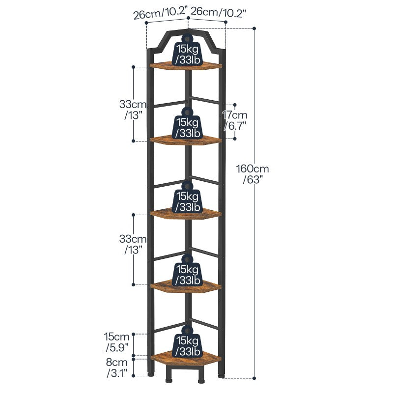 HOOBRO Corner Shelf, 5-Tier Corner Shelf Stand, Standing Display Shelf, Corner Bookcase Shelving, for Living Room, Bedroom, Study, Kitchen