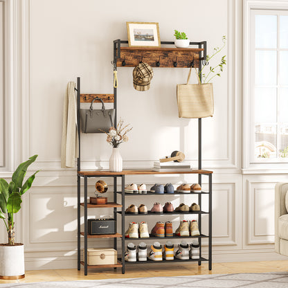 HOOBRO Hall Tree with Bench and Shoe Storage, Entryway Bench with Coat Rack, Shoe and Coat Rack for Entryway, Coat Rack with Shoe Storage and Reversible Storage Shelves