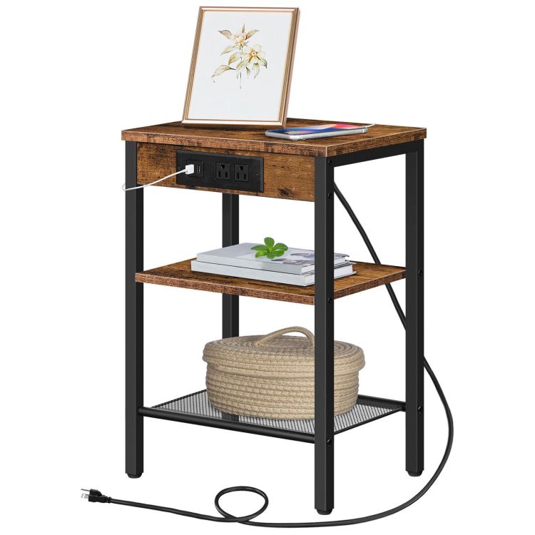 HOOBRO End Table with Charging Station and USB Ports, 3-Tier Nightstand with Adjustable Shelf, Narrow Side Table for Small Space in Living Room