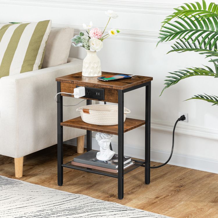 HOOBRO End Table with Charging Station and USB Ports 3 Tier Nightstand with Adjustable Shelf Narrow Side Table for Small Space in Living Room