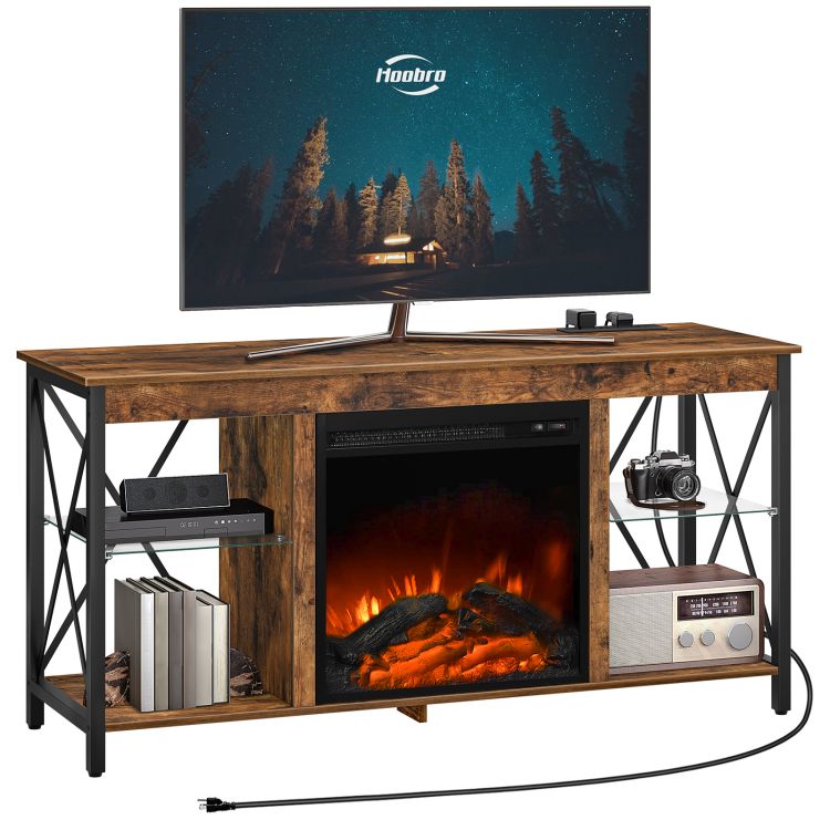 HOOBRO Fireplace TV Stand with Led Lights and Power Outlets, Wooden Media Entertainment Center Console Table with Glass Shelves, Fireplace TV Console for TVs up to 55"