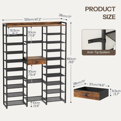 HOOBRO 10-Tier Shoe Rack Tall, 47.2" Shoe Storage Organizer, 61" Tall Shoe Rack for Closet, Large Capacity Shoe Shelf for Front Door Entrance, with Fabric Drawer, for Entryway