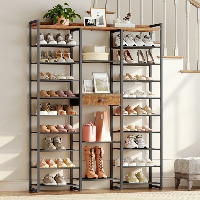 HOOBRO 10-Tier Shoe Rack Tall, 47.2" Shoe Storage Organizer, 61" Tall Shoe Rack for Closet, Large Capacity Shoe Shelf for Front Door Entrance, with Fabric Drawer, for Entryway