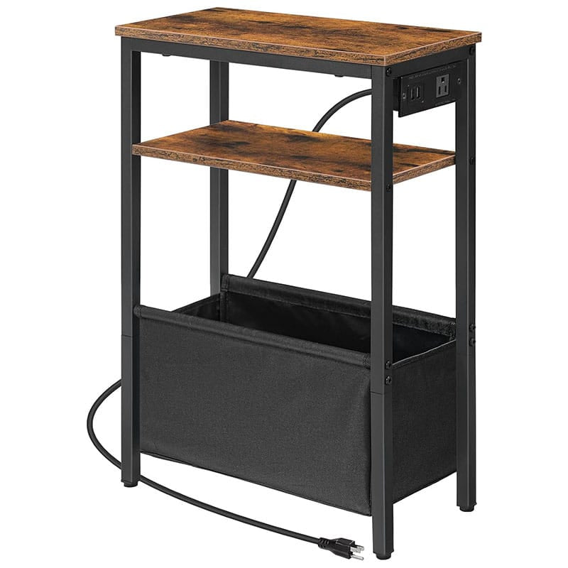 A small black metal and wood storage cart with a fabric storage bin underneath, a top shelf, and an electrical outlet on the side.