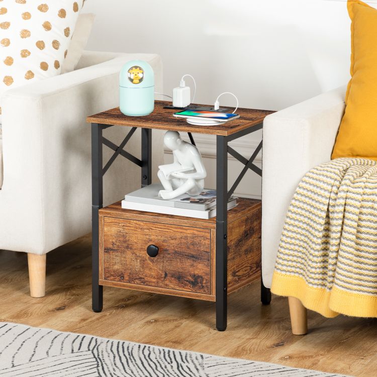 HOOBRO Nightstand with Charging Station, End Table with Drawer, USB Ports and Power Outlets, Farmhouse Nightstand Bedside Table for Bedroom, Space Saving