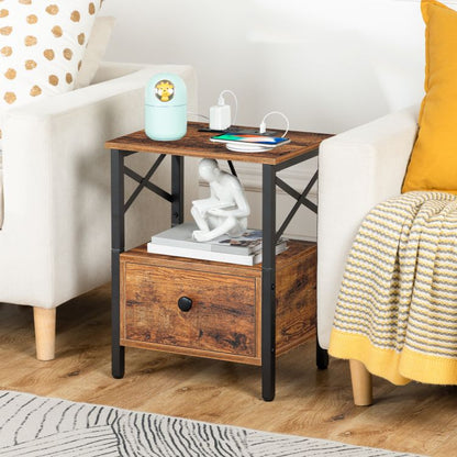HOOBRO Nightstand with Charging Station, End Table with Drawer, USB Ports and Power Outlets, Farmhouse Nightstand Bedside Table for Bedroom, Space Saving
