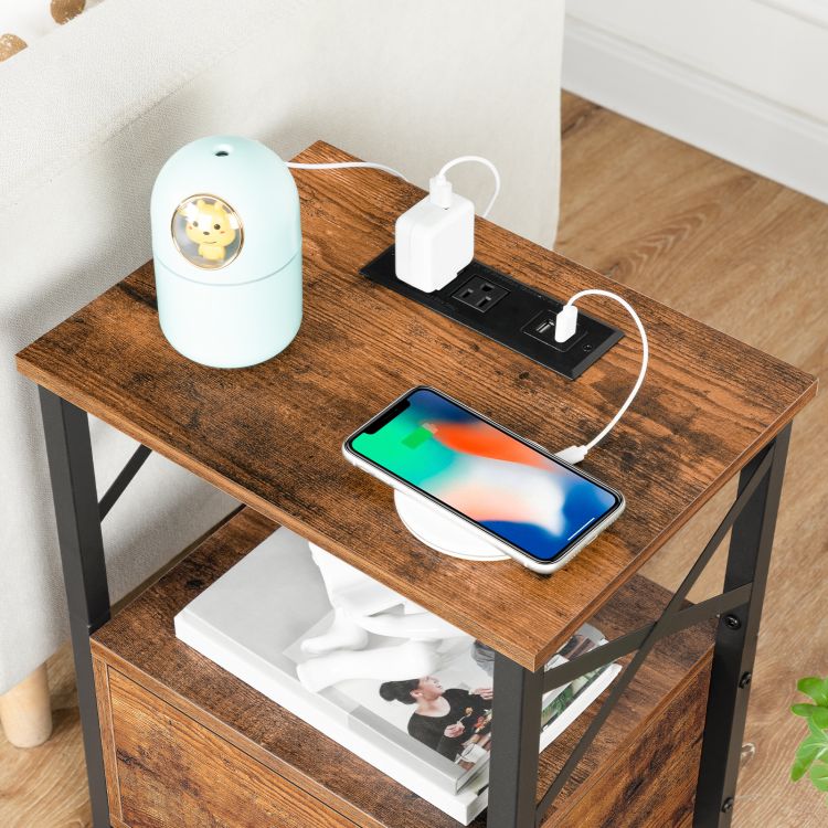 HOOBRO Nightstand with Charging Station, End Table with Drawer, USB Ports and Power Outlets, Farmhouse Nightstand Bedside Table for Bedroom, Space Saving