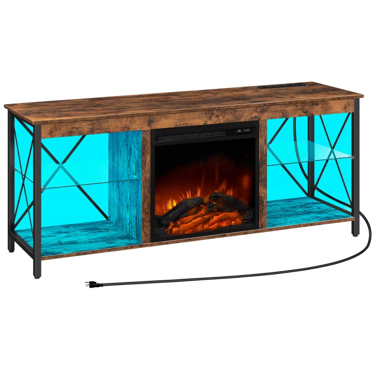 HOOBRO Fireplace TV Stand with Led Lights and Power Outlets, Wooden Media Entertainment Center Console Table with Glass Shelves, Fireplace TV Console for TVs up to 65"