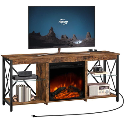 HOOBRO Fireplace TV Stand with Led Lights and Power Outlets, Wooden Media Entertainment Center Console Table with Glass Shelves, Fireplace TV Console for TVs up to 65"