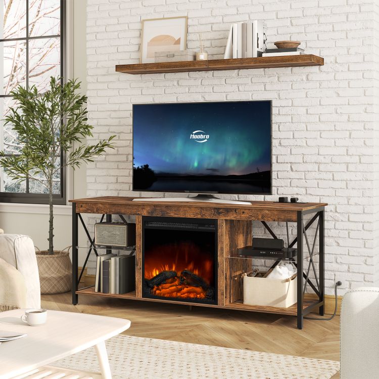 HOOBRO Fireplace TV Stand with Led Lights and Power Outlets, Wooden Media Entertainment Center Console Table with Glass Shelves, Fireplace TV Console for TVs up to 65"