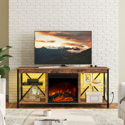 HOOBRO Fireplace TV Stand with Led Lights and Power Outlets, Wooden Media Entertainment Center Console Table with Glass Shelves, Fireplace TV Console for TVs up to 65"