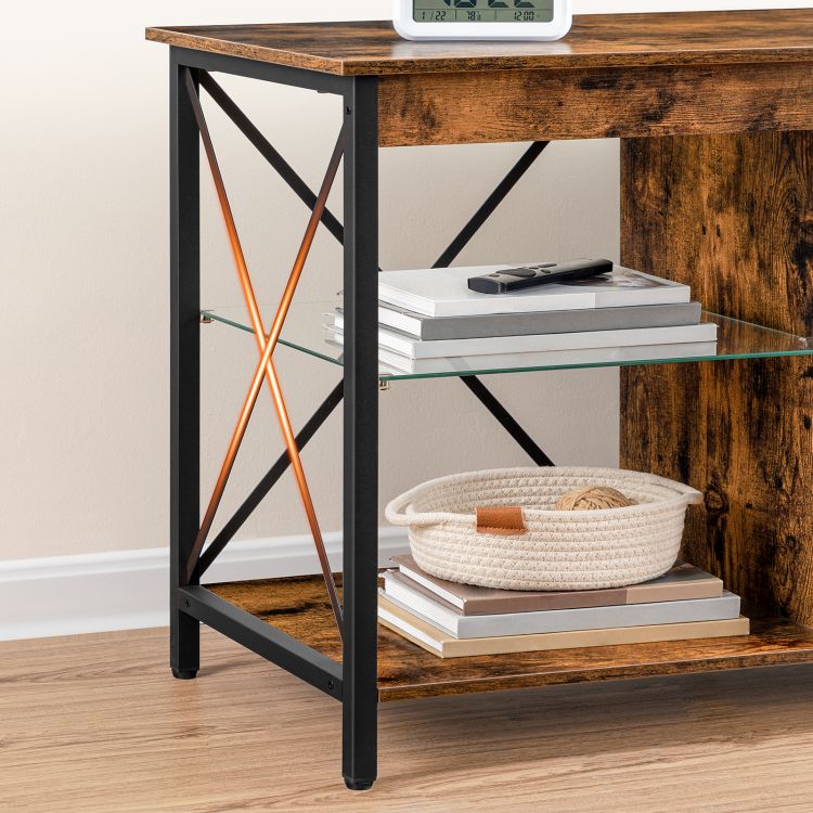 HOOBRO Fireplace TV Stand with Led Lights and Power Outlets, Wooden Media Entertainment Center Console Table with Glass Shelves, Fireplace TV Console for TVs up to 65"