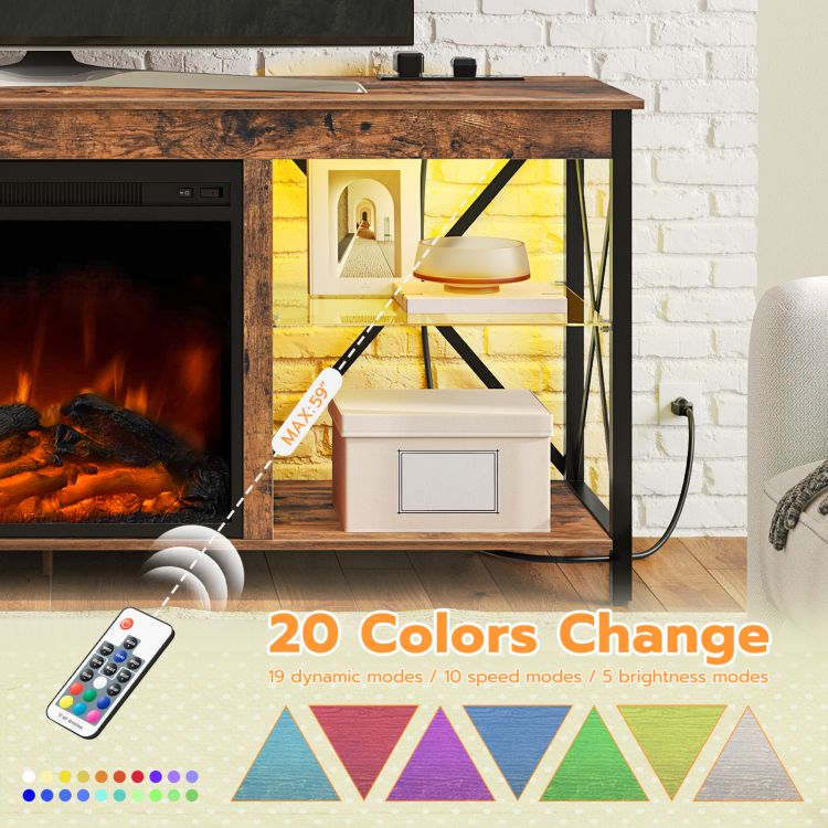 HOOBRO Fireplace TV Stand with Led Lights and Power Outlets, Wooden Media Entertainment Center Console Table with Glass Shelves, Fireplace TV Console for TVs up to 65"