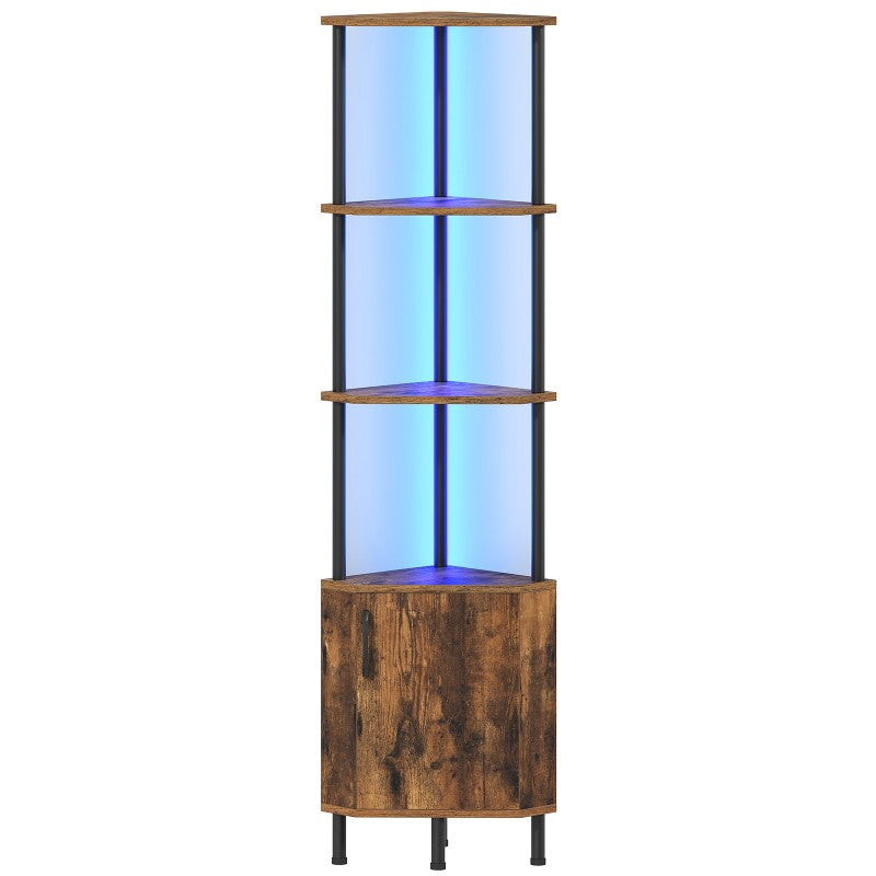 HOOBRO Corner Shelf with LED Light, Corner Cabinet with Storage and Doors, 5-Tier Industrial Narrow Bookshelf Display Rack, 59” Tall Standing Shelf, for Living Room, Kitchen