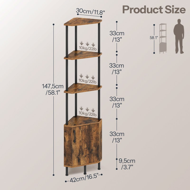 HOOBRO Corner Shelf with LED Light, Corner Cabinet with Storage and Doors, 5-Tier Industrial Narrow Bookshelf Display Rack, 59” Tall Standing Shelf, for Living Room, Kitchen