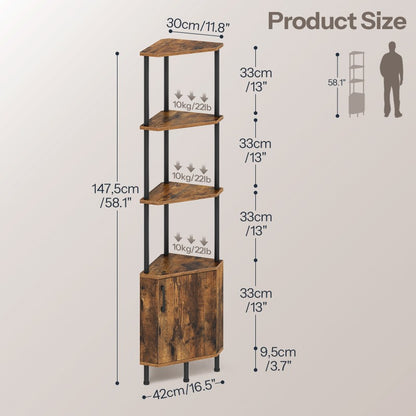 HOOBRO Corner Shelf with LED Light, Corner Cabinet with Storage and Doors, 5-Tier Industrial Narrow Bookshelf Display Rack, 59” Tall Standing Shelf, for Living Room, Kitchen